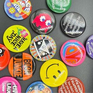 Assorted Vintage Style Button Pin Lot - Colorful Graphic Smiley & Retro Icons
